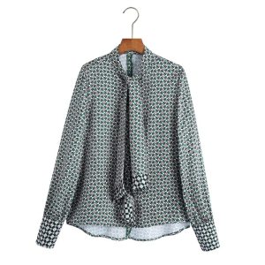 Zevity – chemisier Kimono col montant pour femmes, imprimé géométrique, décontracté, Chemise fendue dans le dos, avec nœud à lacets, LS9871