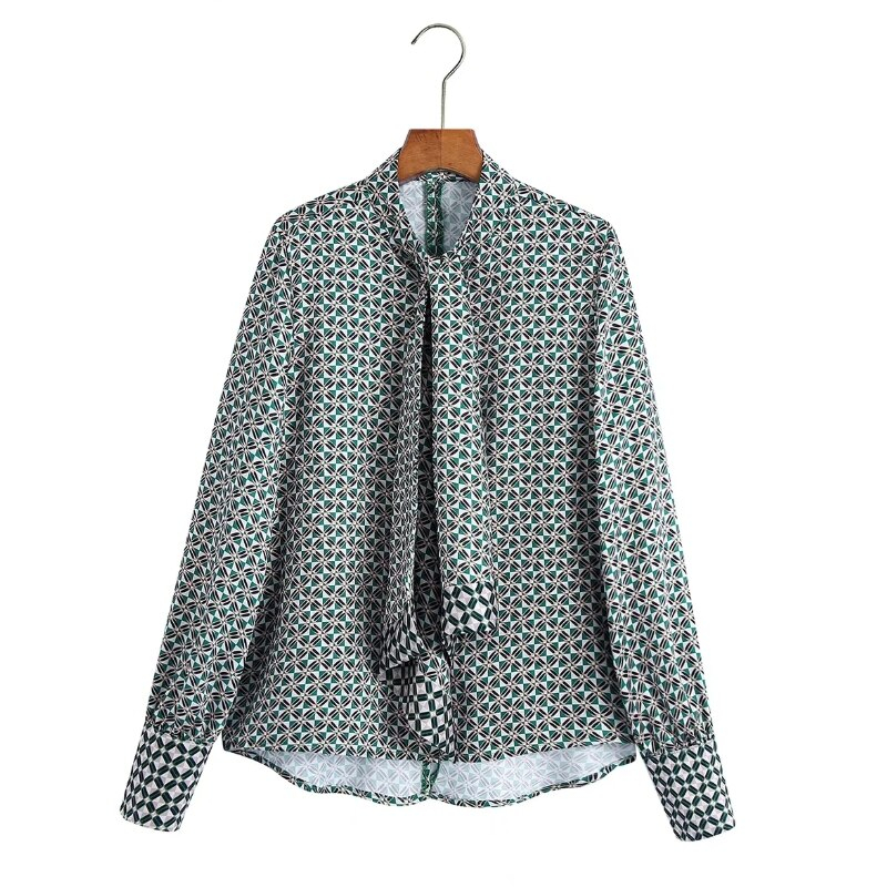 Zevity – chemisier Kimono col montant pour femmes, imprimé géométrique, décontracté, Chemise fendue dans le dos, avec nœud à lacets, LS9871