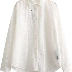 Chemise blanche Zevity à manches longues en broderie pour femme