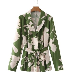 Zevity – costume à col cranté imprimé Floral pour femme, Blouse de Style décontracté avec ceinture à nœud, à la mode, LS1404