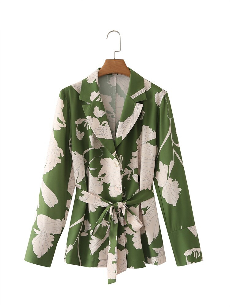 Zevity – costume à col cranté imprimé Floral pour femme, Blouse de Style décontracté avec ceinture à nœud, à la mode, LS1404