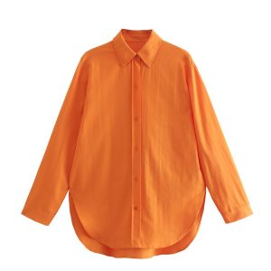 Chemise Zevity à manches longues en lin orange pour femme