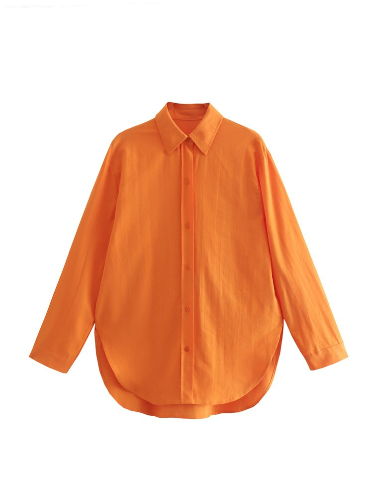 Chemise Zevity à manches longues en lin orange pour femme