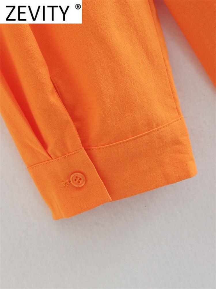 Chemise Zevity à manches longues en lin orange pour femme – Image 5