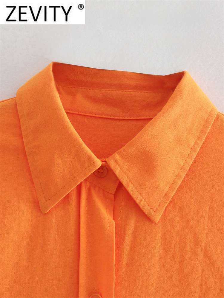 Chemise Zevity à manches longues en lin orange pour femme – Image 3