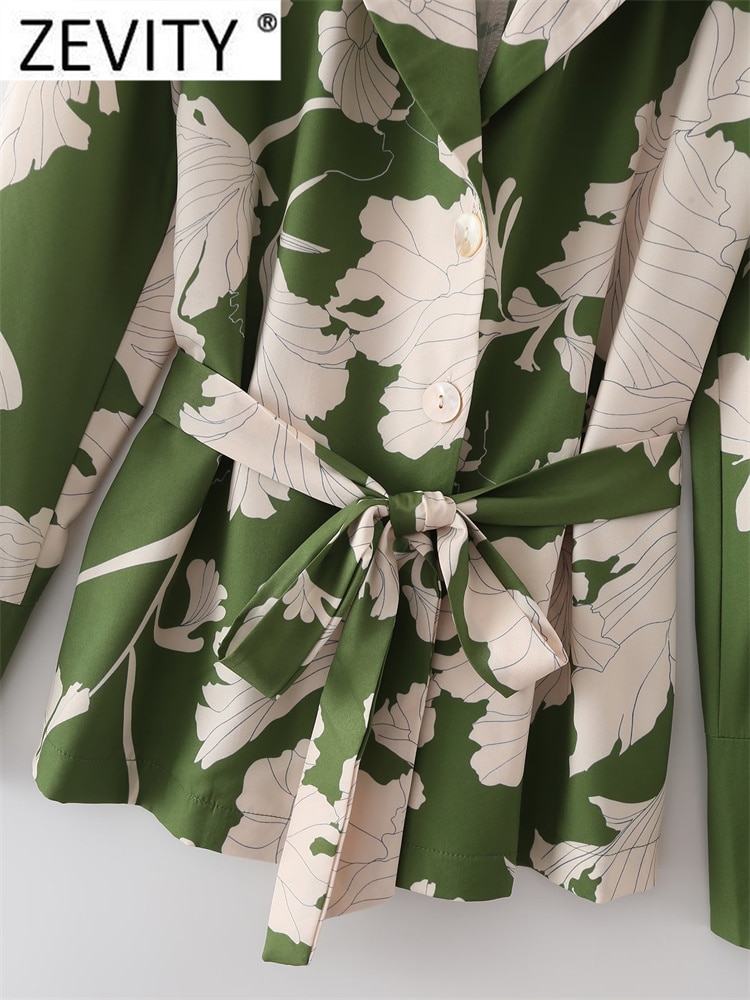 Zevity – costume à col cranté imprimé Floral pour femme, Blouse de Style décontracté avec ceinture à nœud, à la mode, LS1404 – Image 4