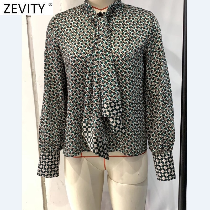 Zevity – chemisier Kimono col montant pour femmes, imprimé géométrique, décontracté, Chemise fendue dans le dos, avec nœud à lacets, LS9871 – Image 3