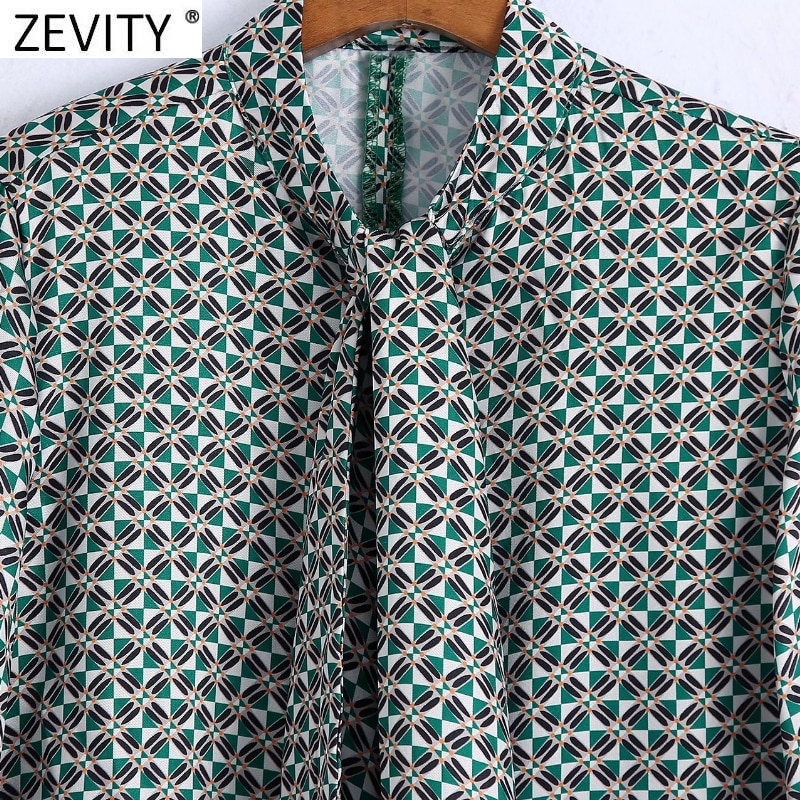 Zevity – chemisier Kimono col montant pour femmes, imprimé géométrique, décontracté, Chemise fendue dans le dos, avec nœud à lacets, LS9871 – Image 4