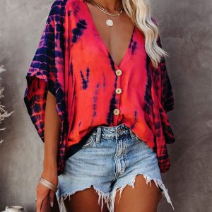 Chemise à col en v et manches chauve-souris pour femme