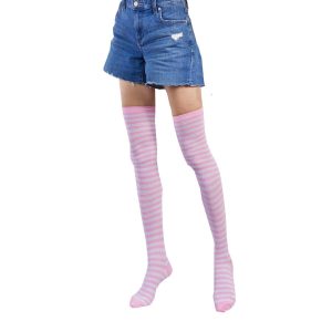 Chaussette haute à rayures rose et blanche