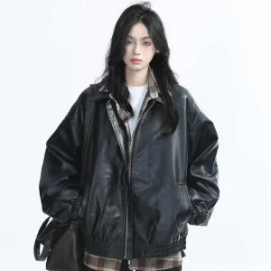 Veste En Cuir Oversize Femme Noir