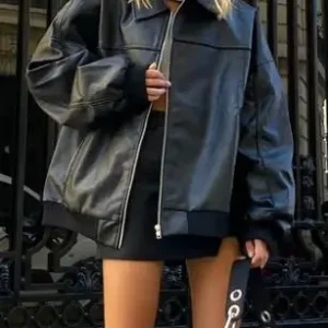 Veste En Cuir Bomber Oversize Femme