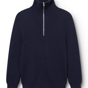AD 198 - Pull à Col Zippé en laine Bleu Marine