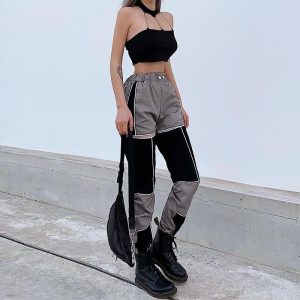 Pantalon cargo femme élastique à  deux couleurs noir/gris