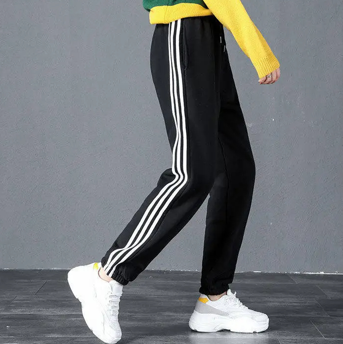 Jogging polaire femme noir avec bandes blanches doublé en laine – Image 3