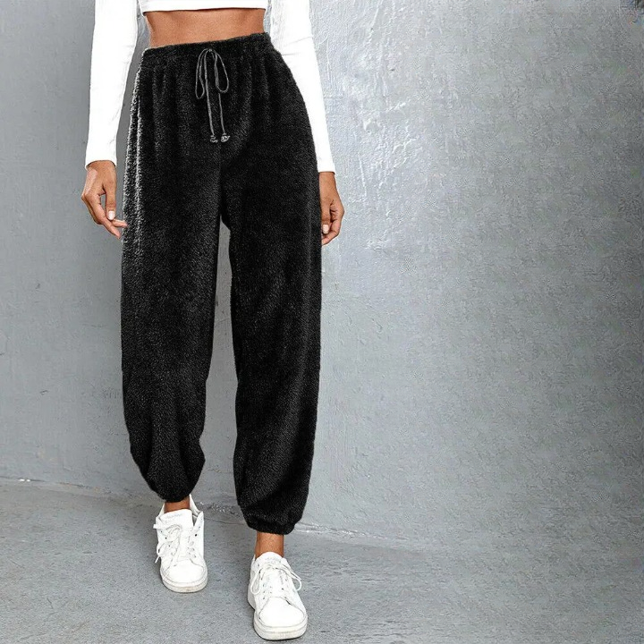 Jogging polaire femme noir avec fausse fourrure en coton – Image 3