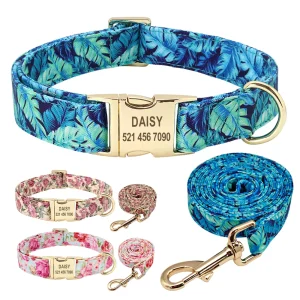 Ensemble collier et laisse pour chien personnalisé à fleurs