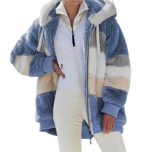 Manteau polaire femme bleu en fausse fourrure avec capuche