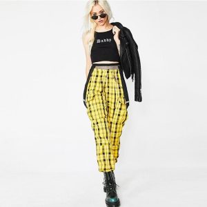 Pantalon cargo femme carreaux bretelle avec poches