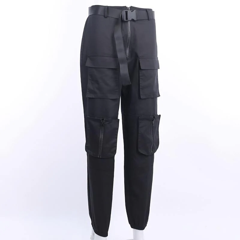 Pantalon cargo femme coupe longue avec ceinture noire