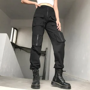 Pantalon cargo femme noire à fermeture éclair