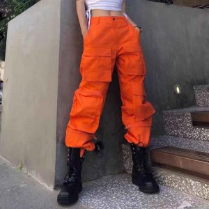 Pantalon cargo femme orange à grosses poches