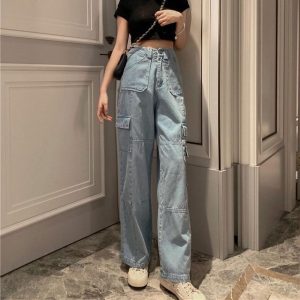 Pantalon cargo femme taille haute jean coupe droit