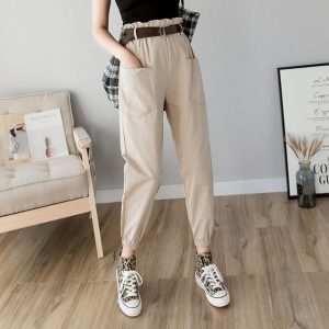 Pantalon cargo femme taille haute longue jambe avec ceinture