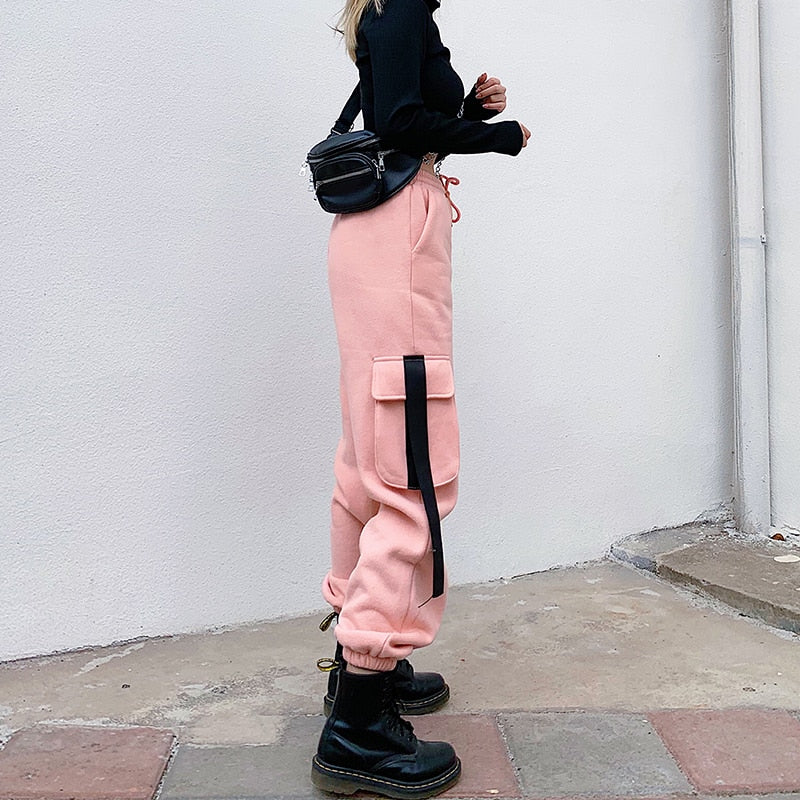 Pantalon cargo femme rose taille élastique – Image 2