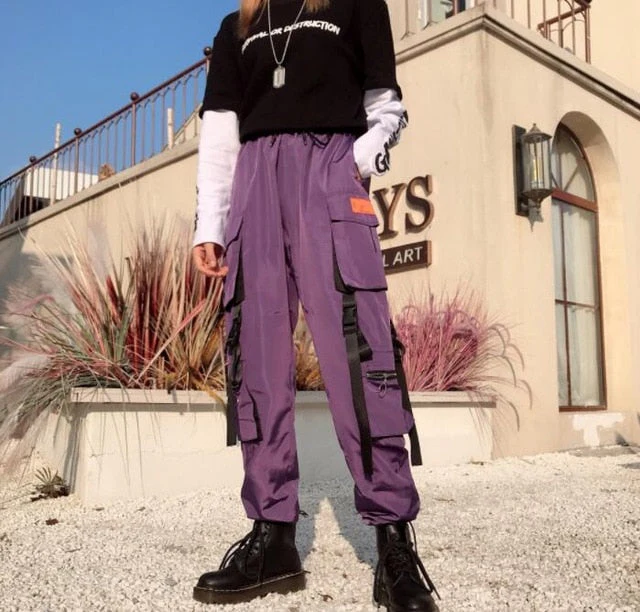 Pantalon cargo femme noir nylon avec sangle – Image 3