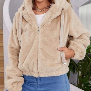 Veste polaire courte à capuche en fausse fourrure beige pour femme